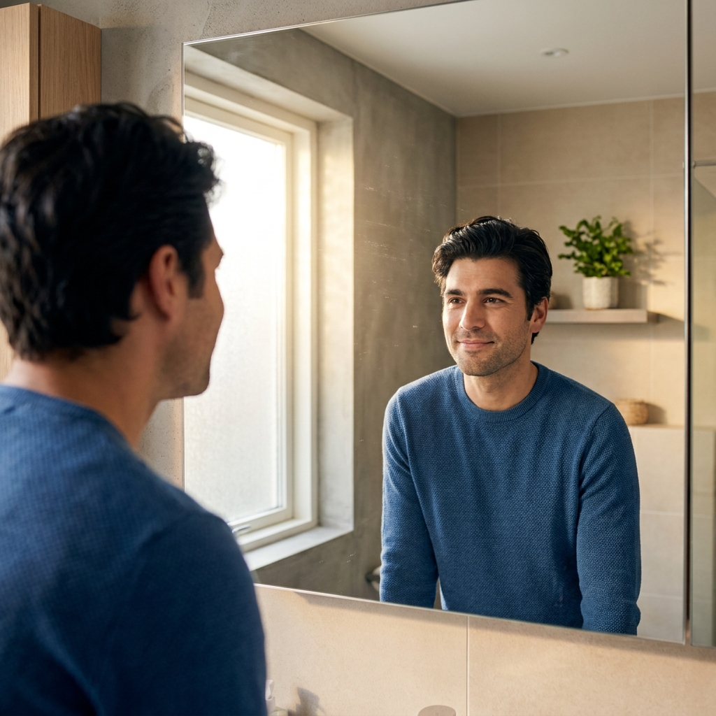 Confident man checking his hairline in a mirror, representing early hair loss treatment for men with thinning temples Confident man checking his hairline in a mirror, representing early hair loss treatment for men with thinning temples