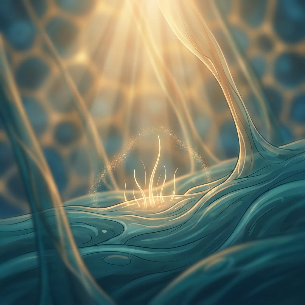 Stylized illustration of fine baby hairs growing back after treatment, glowing with warm golden light Stylized illustration of fine baby hairs growing back after treatment, glowing with warm golden light