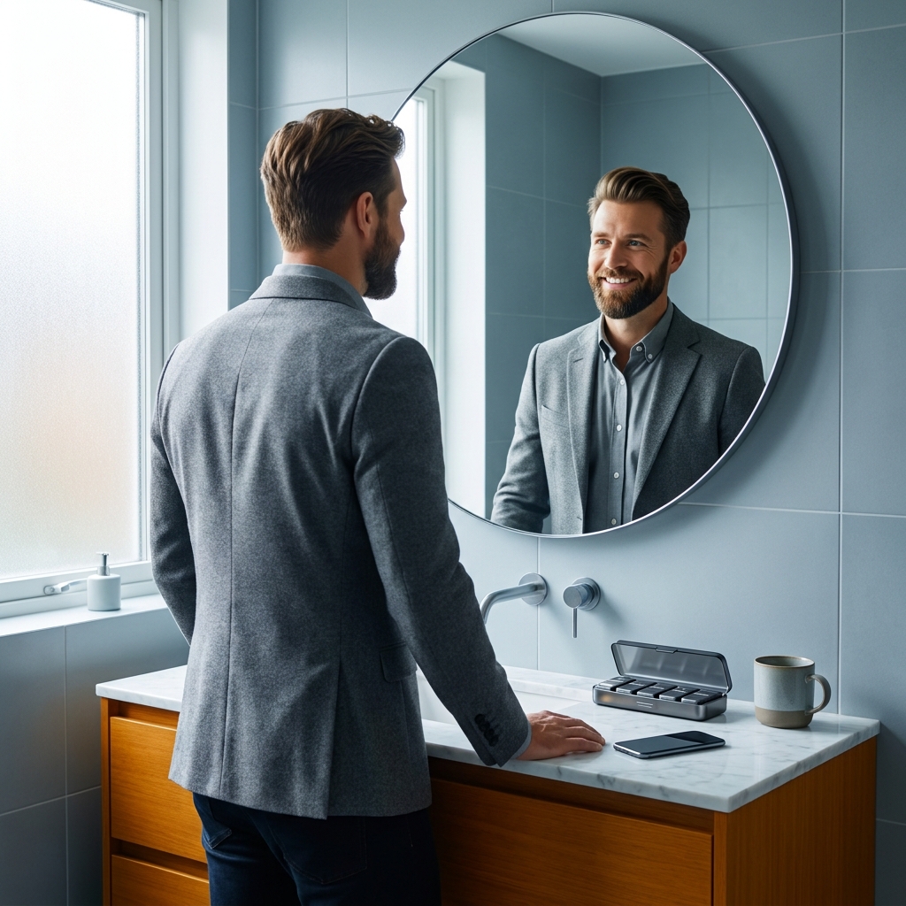 Confident man reviewing hair loss telehealth 2026 options as part of a simple daily routine Confident man reviewing hair loss telehealth 2026 options as part of a simple daily routine