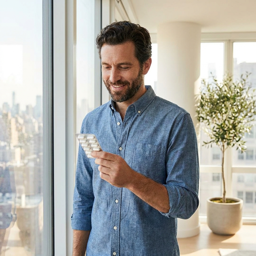 Confident man over 35 holding a daily hair loss treatment capsule in a modern, well-lit setting Confident man over 35 holding a daily hair loss treatment capsule in a modern, well-lit setting