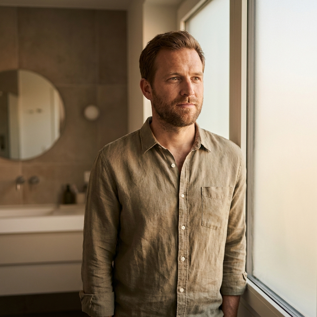 Confident man looking hopeful near window, representing starting hair loss treatment after years of thinning Confident man looking hopeful near window, representing starting hair loss treatment after years of thinning