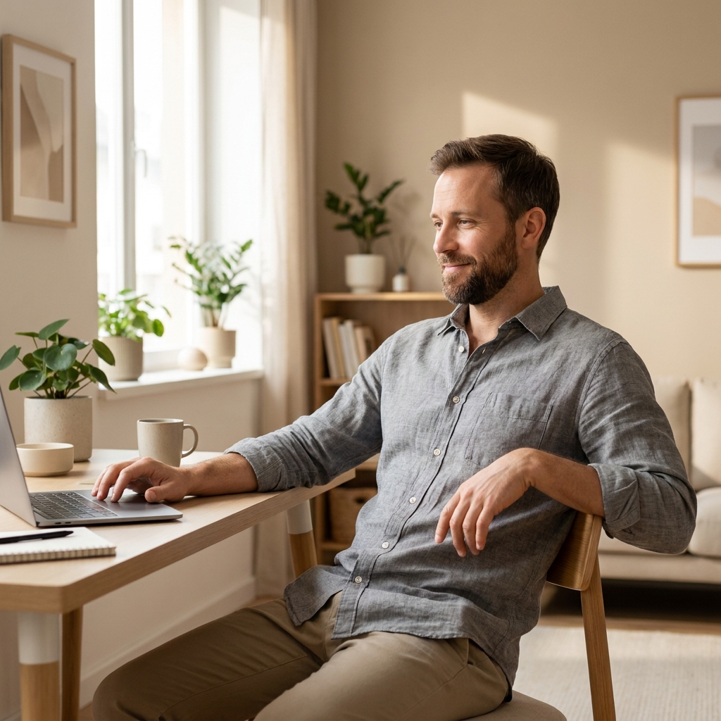 Man completing an online hair loss consultation for men on a laptop at home Man completing an online hair loss consultation for men on a laptop at home