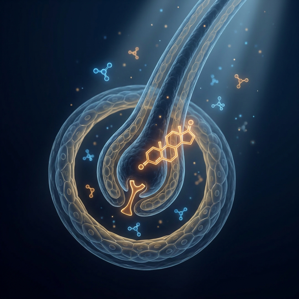 Scientific illustration showing how DHT causes male pattern baldness by binding to hair follicles at the molecular level Scientific illustration showing how DHT causes male pattern baldness by binding to hair follicles at the molecular level