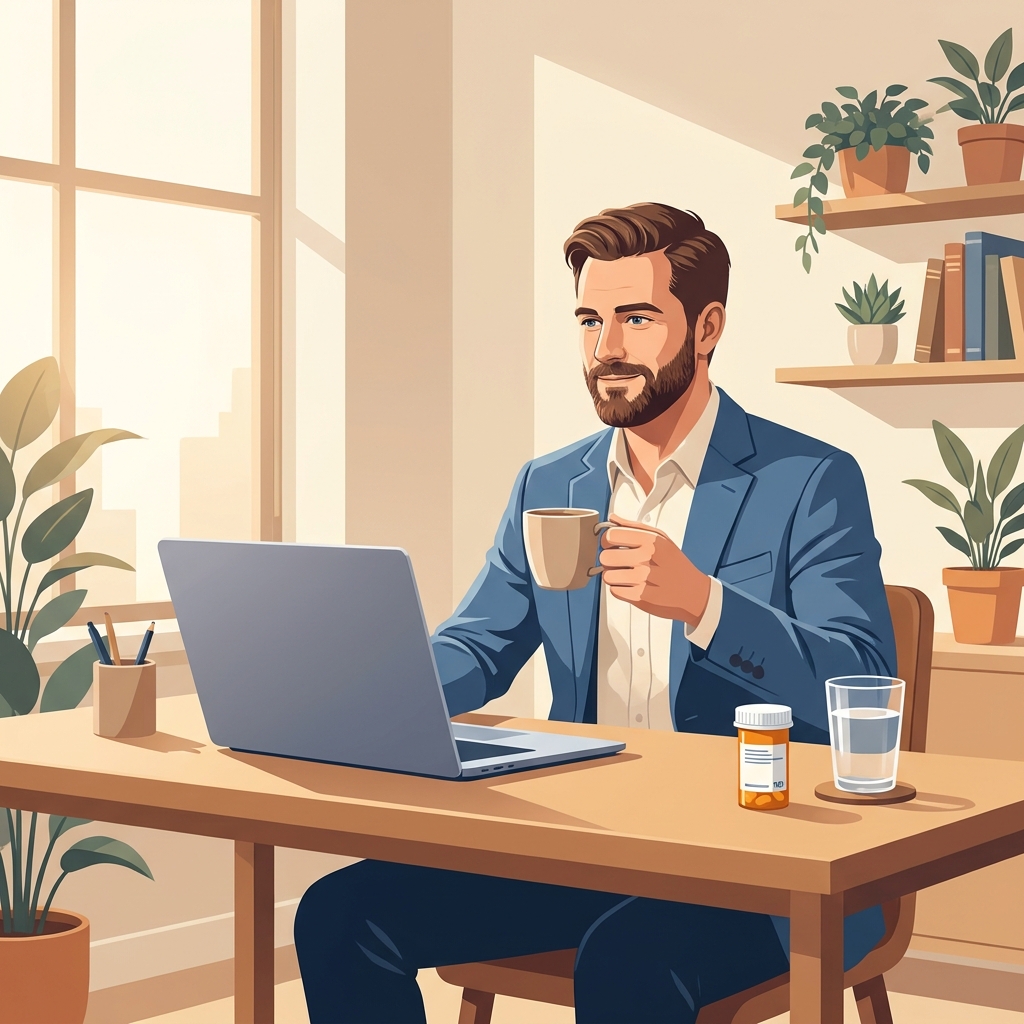 Man confidently reviewing telehealth prescription medication safety information on laptop at home desk Man confidently reviewing telehealth prescription medication safety information on laptop at home desk