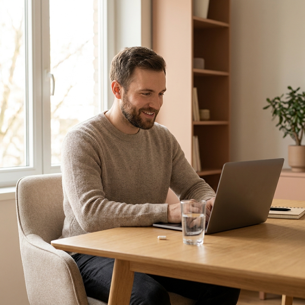 Man discreetly accessing private hair loss treatment online from home with calm, confident expression Man discreetly accessing private hair loss treatment online from home with calm, confident expression