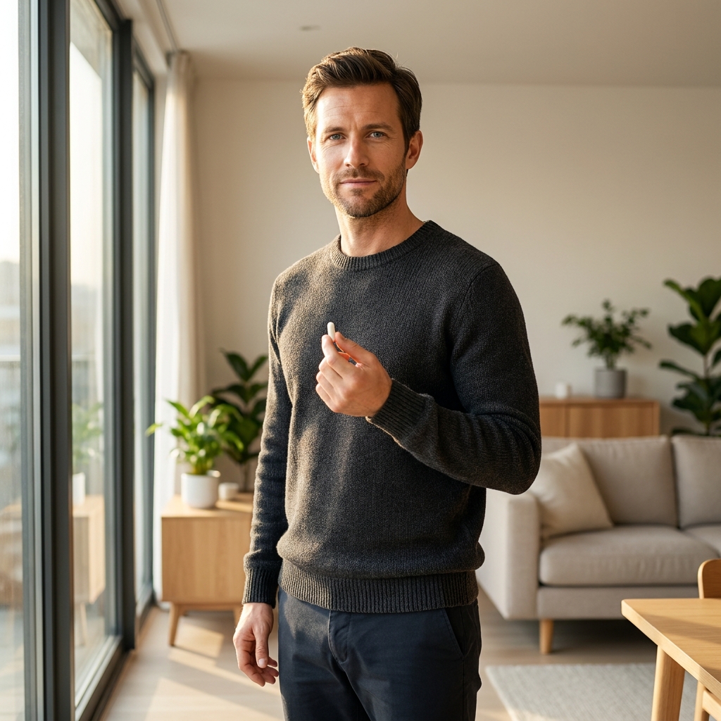Man confidently holding a daily hair loss capsule — a practical hair loss treatment waiting list alternative Man confidently holding a daily hair loss capsule — a practical hair loss treatment waiting list alternative