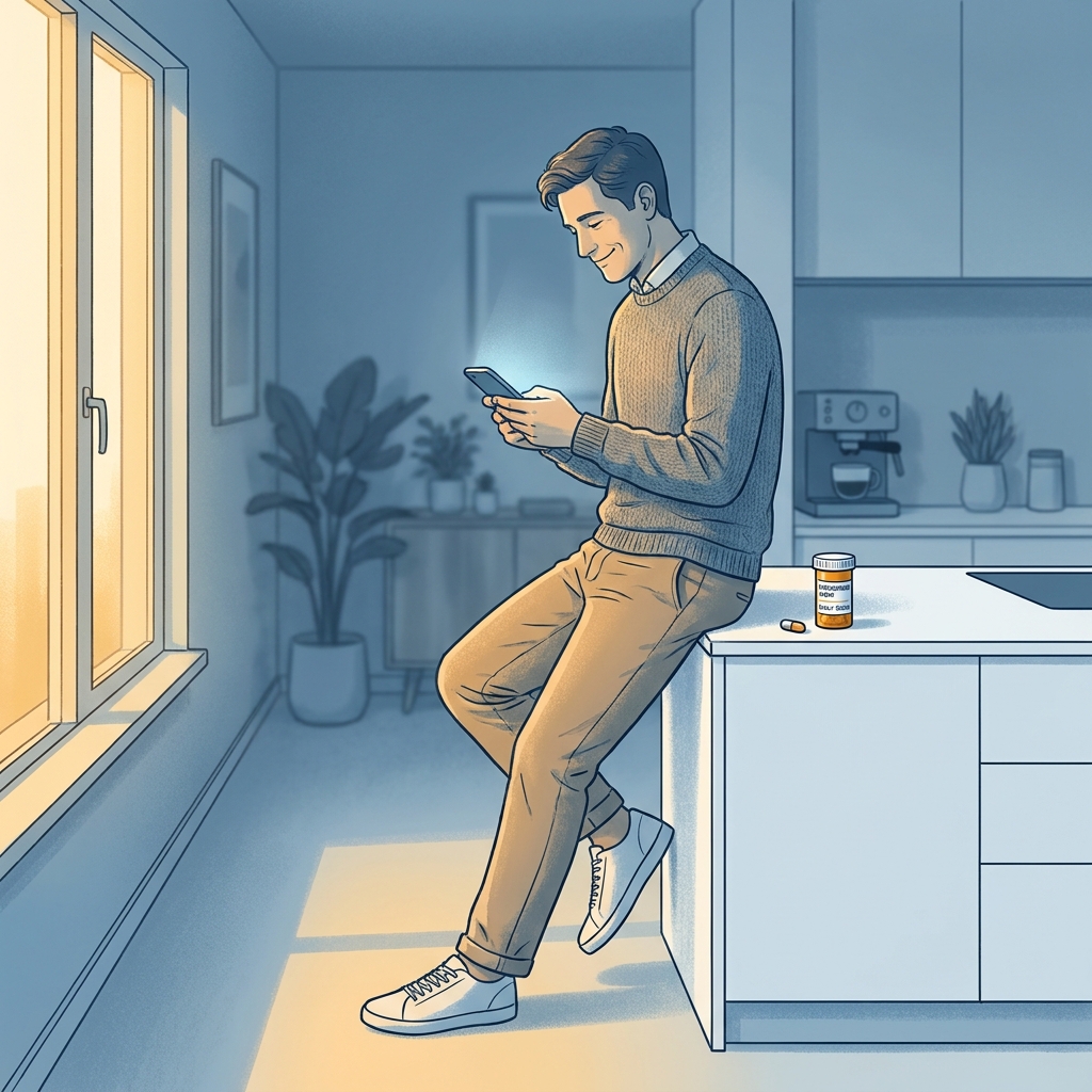Man confidently accessing a same day hair loss prescription online via smartphone in a modern apartment setting. Man confidently accessing a same day hair loss prescription online via smartphone in a modern apartment setting.