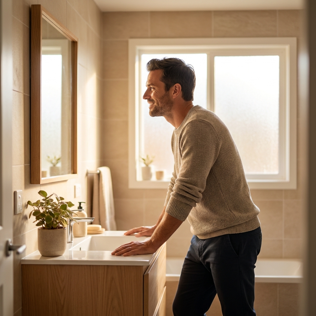 Confident man examining his hair in mirror, representing visible results from hair loss treatment for men Confident man examining his hair in mirror, representing visible results from hair loss treatment for men