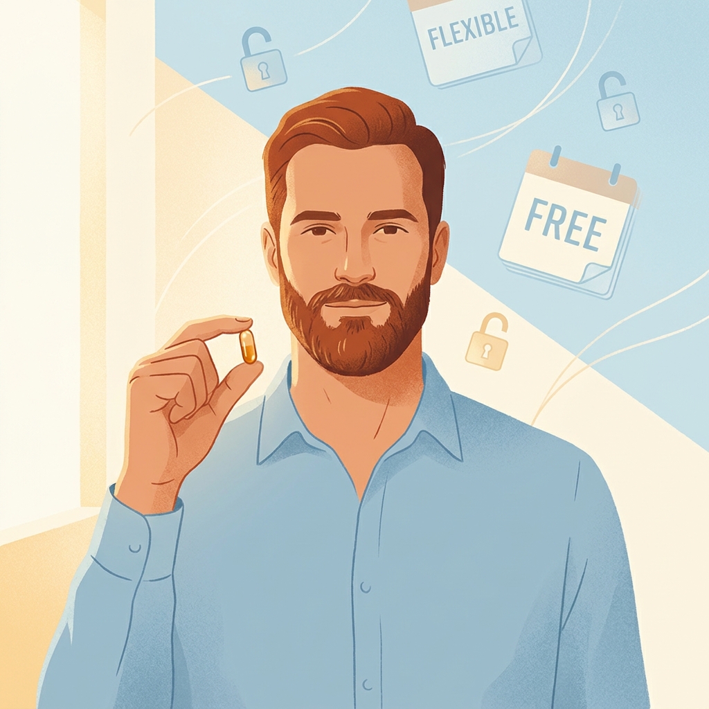 Man confidently holding a capsule representing a no commitment hair loss treatment subscription with freedom to cancel Man confidently holding a capsule representing a no commitment hair loss treatment subscription with freedom to cancel