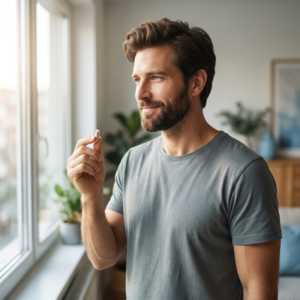 Confident man holding a hair loss treatment capsule — stress related hair loss men treatment solution Confident man holding a hair loss treatment capsule — stress related hair loss men treatment solution