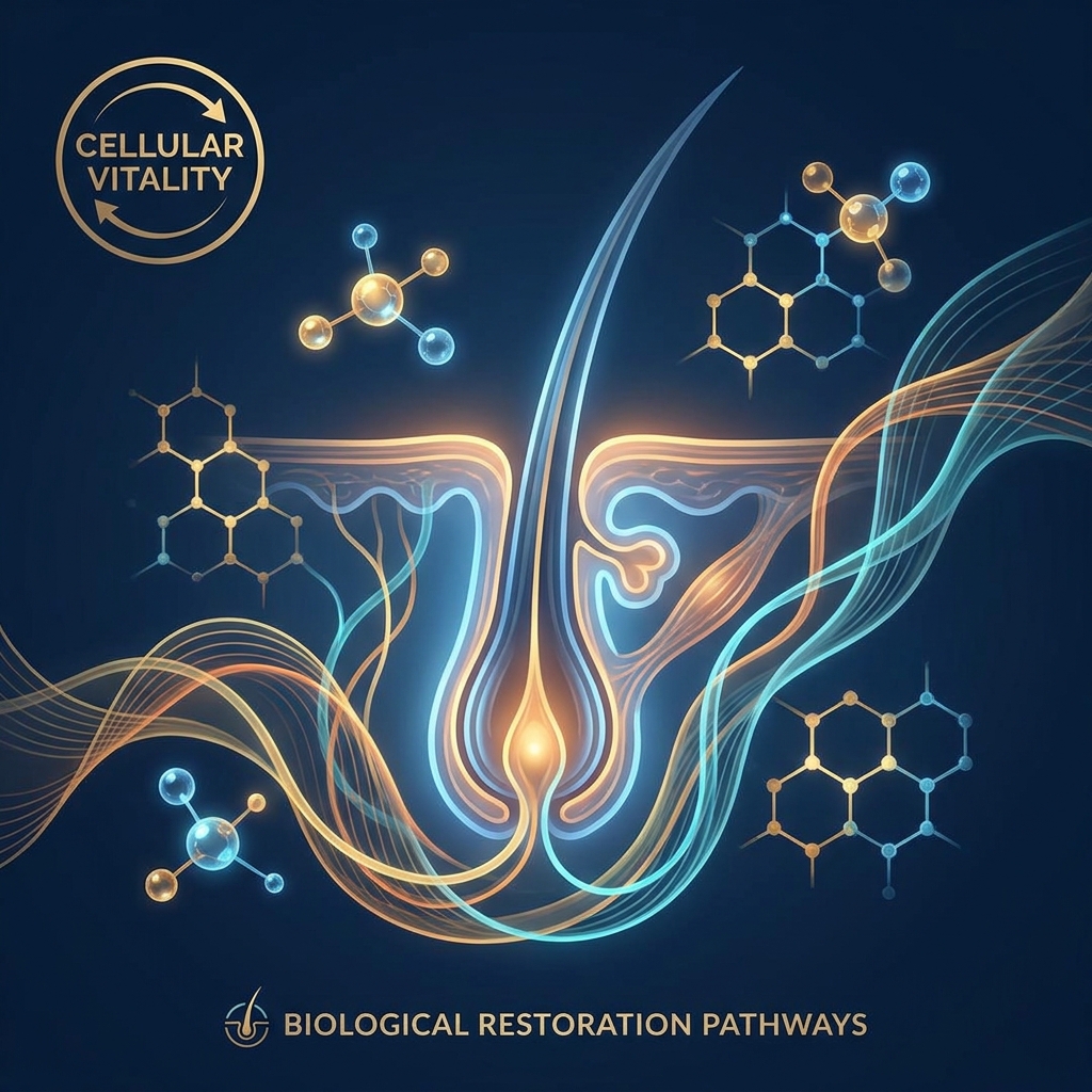 Stylized illustration of a hair follicle restoration treatment concept showing glowing follicle biology Stylized illustration of a hair follicle restoration treatment concept showing glowing follicle biology