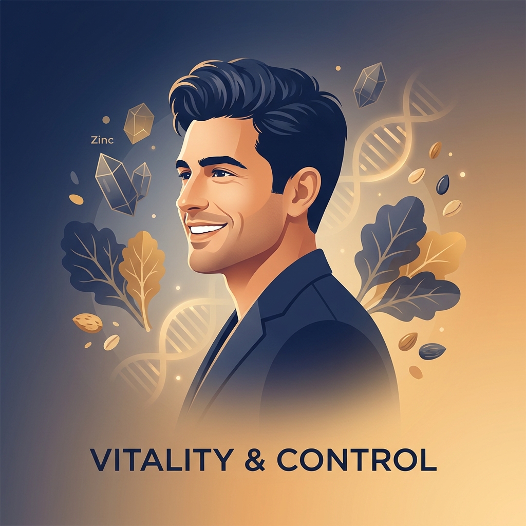 Conceptual illustration of a man with healthy hair surrounded by nutrient and molecular elements representing nutrition for hair growth men