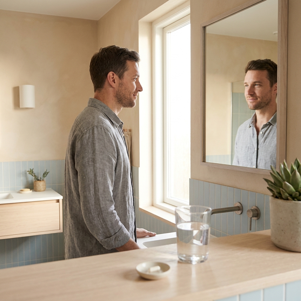Man beginning first month hair loss treatment, looking hopeful in a bright modern bathroom Man beginning first month hair loss treatment, looking hopeful in a bright modern bathroom
