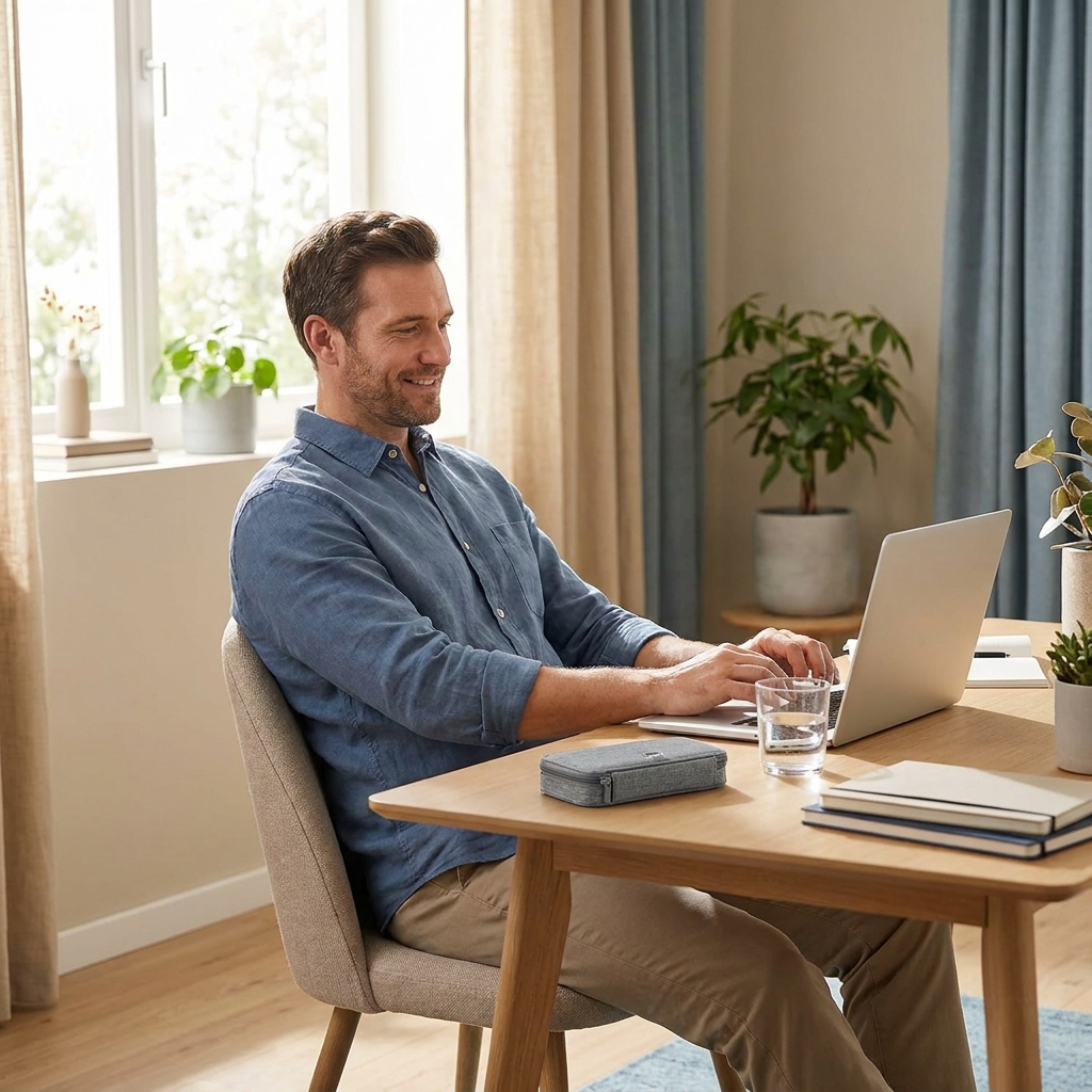 Man privately accessing anonymous hair loss prescription online from home on laptop Man privately accessing anonymous hair loss prescription online from home on laptop