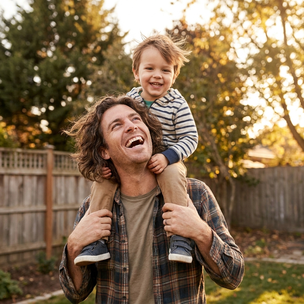 Happy dad with healthy hair enjoying time with his child outdoors — hair loss treatment dad life guide Happy dad with healthy hair enjoying time with his child outdoors — hair loss treatment dad life guide