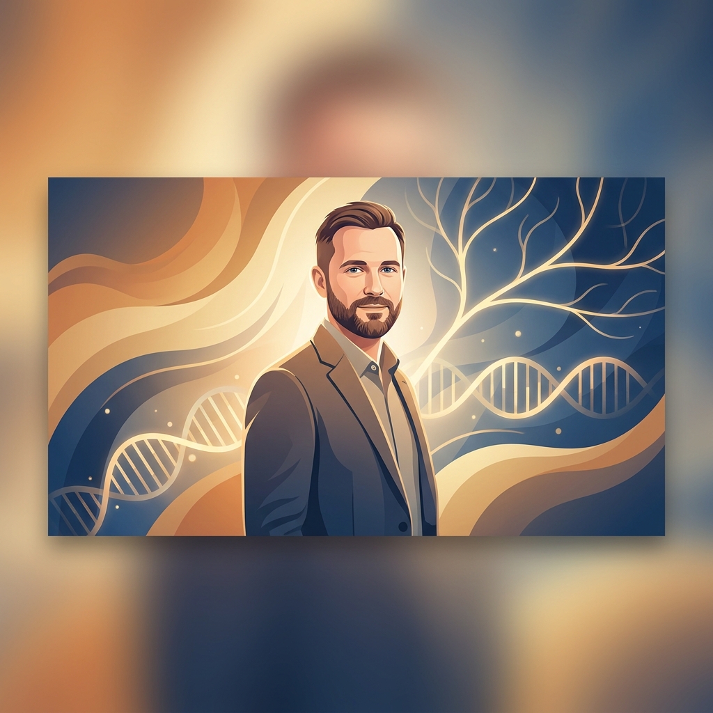 Confident man with DNA and family tree motifs representing genetic awareness and family history hair loss treatment options.