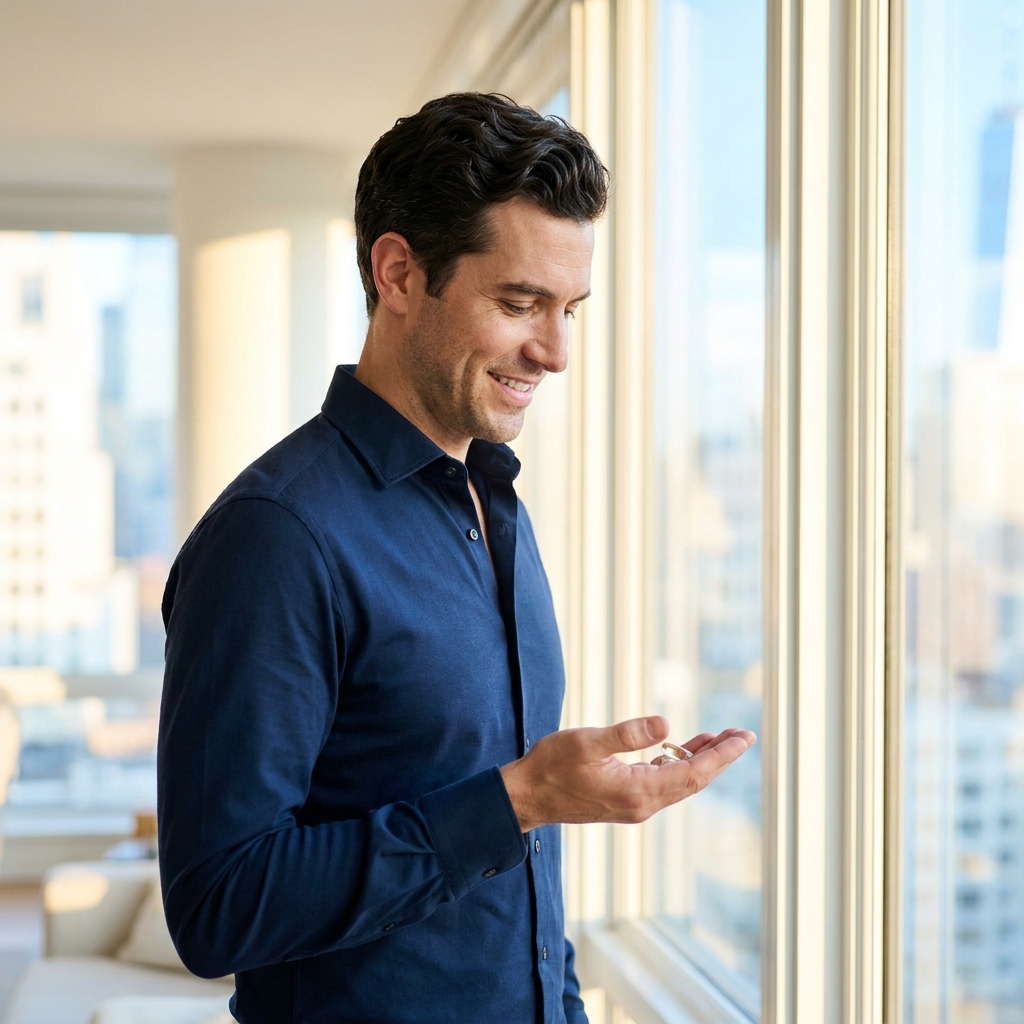 Confident man holding a daily capsule — effective hair loss treatment for men who don’t want surgery Confident man holding a daily capsule — effective hair loss treatment for men who don't want surgery