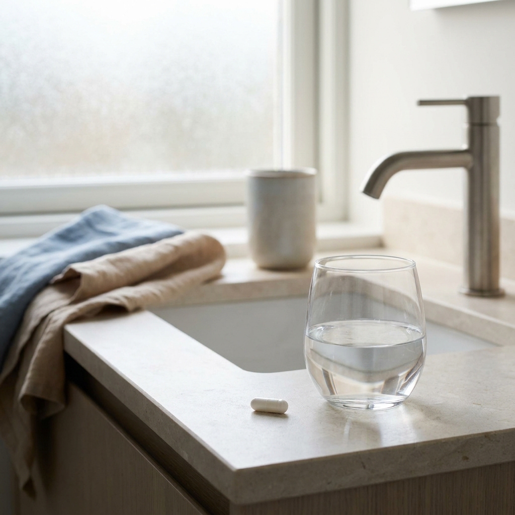 Single daily capsule on clean bathroom counter — hair loss treatment that doesn’t leave residue Single daily capsule on clean bathroom counter — hair loss treatment that doesn't leave residue