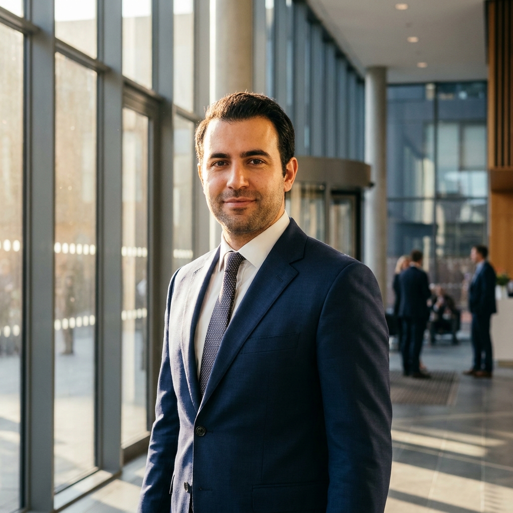 Confident professional man in suit representing hair loss treatment for professional men and career confidence. Confident professional man in suit representing hair loss treatment for professional men and career confidence.