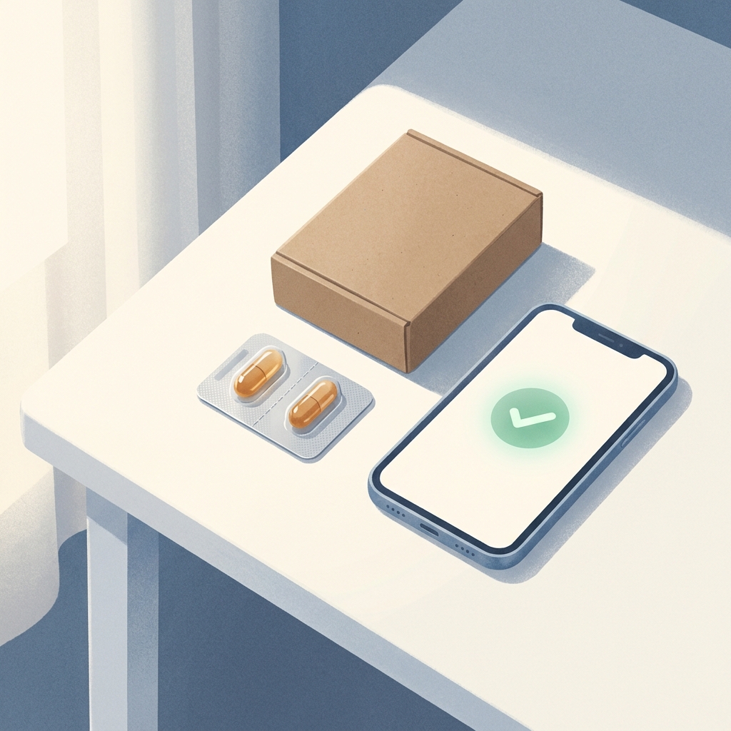 Discreet packaging box and prescription capsule blister pack representing hair loss treatment shipped discreetly Discreet packaging box and prescription capsule blister pack representing hair loss treatment shipped discreetly
