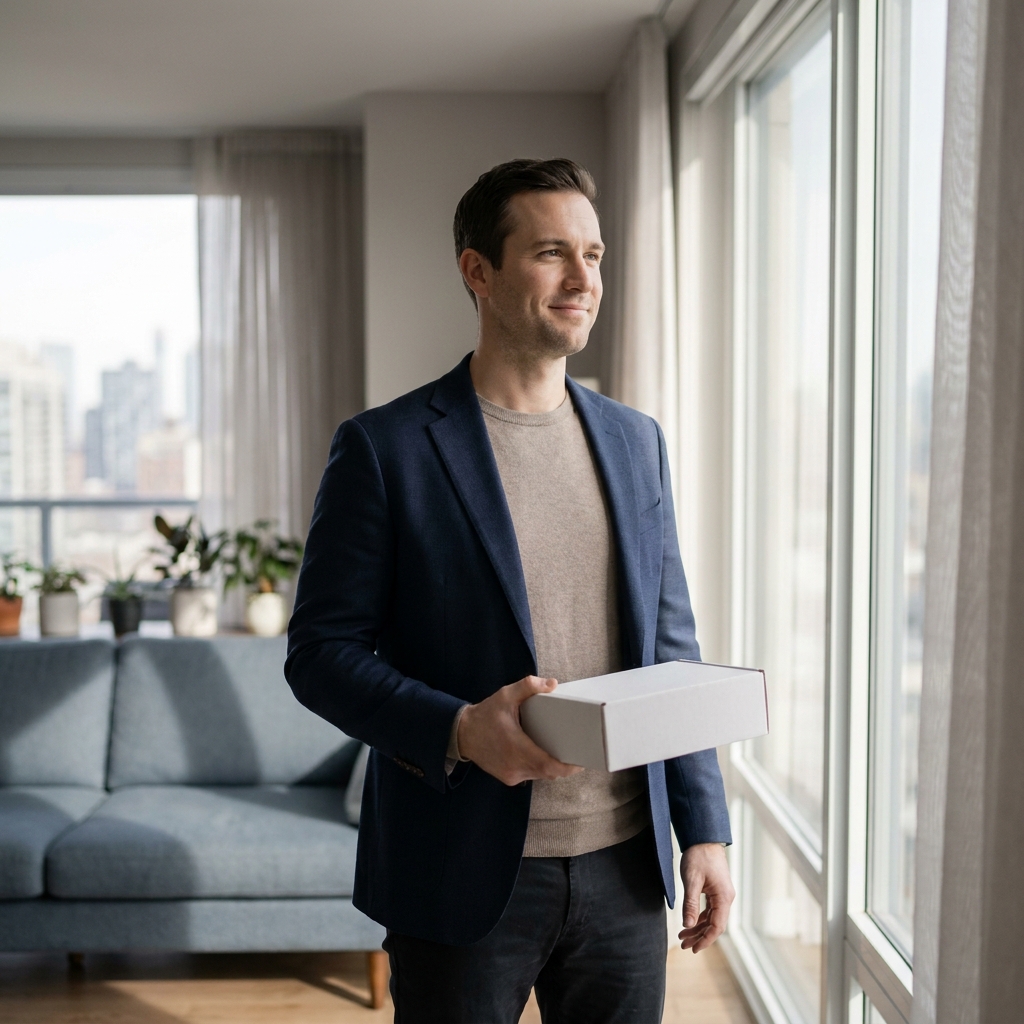 Confident man receiving discreet hair loss medication delivery at home, representing private telehealth treatment. Confident man receiving discreet hair loss medication delivery at home, representing private telehealth treatment.
