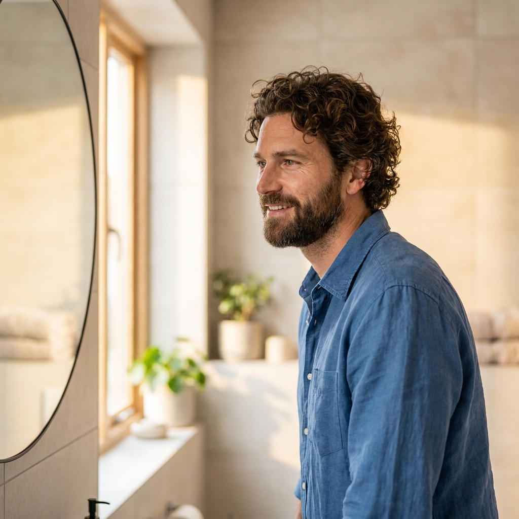 Man confidently checking his hair in mirror, reflecting positive hair loss treatment results before and after journey Man confidently checking his hair in mirror, reflecting positive hair loss treatment results before and after journey