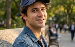 Man confidently wearing a baseball cap outdoors — does wearing a hat cause hair loss? Science says no.