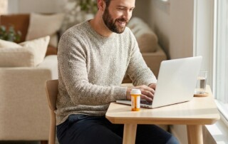Man using laptop to get a hair loss prescription online from home