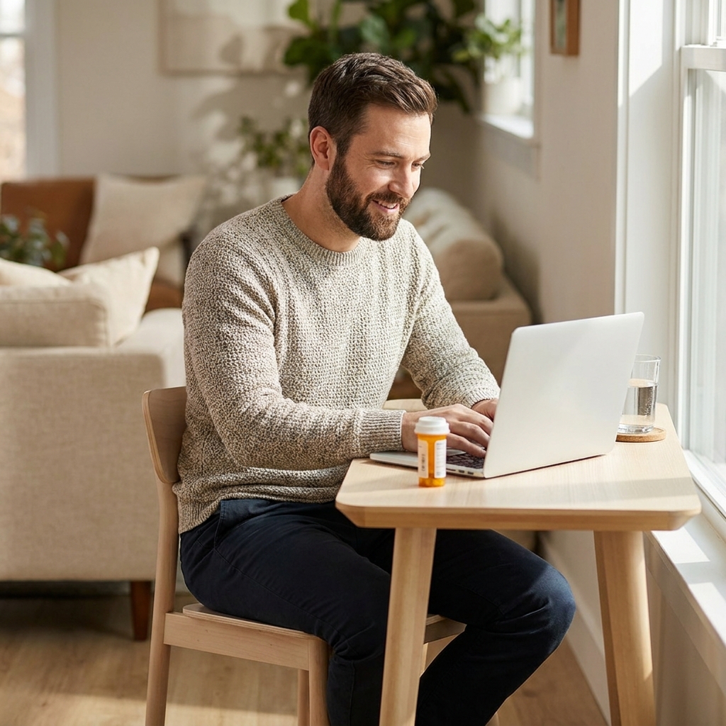 Man using laptop to get a hair loss prescription online from home Man using laptop to get a hair loss prescription online from home