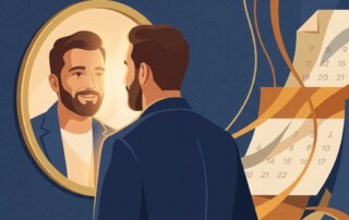 Confident man reflecting on when to expect hair regrowth from treatment, surrounded by subtle time-progression elements