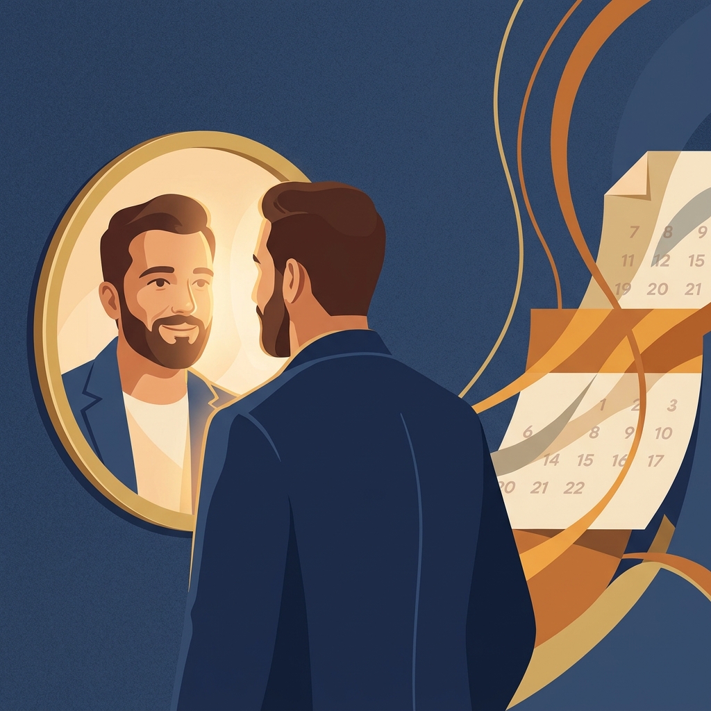 Confident man reflecting on when to expect hair regrowth from treatment, surrounded by subtle time-progression elements Confident man reflecting on when to expect hair regrowth from treatment, surrounded by subtle time-progression elements