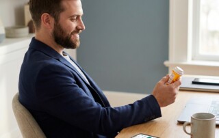 Man confidently receiving a telehealth hair loss prescription from the comfort of his home
