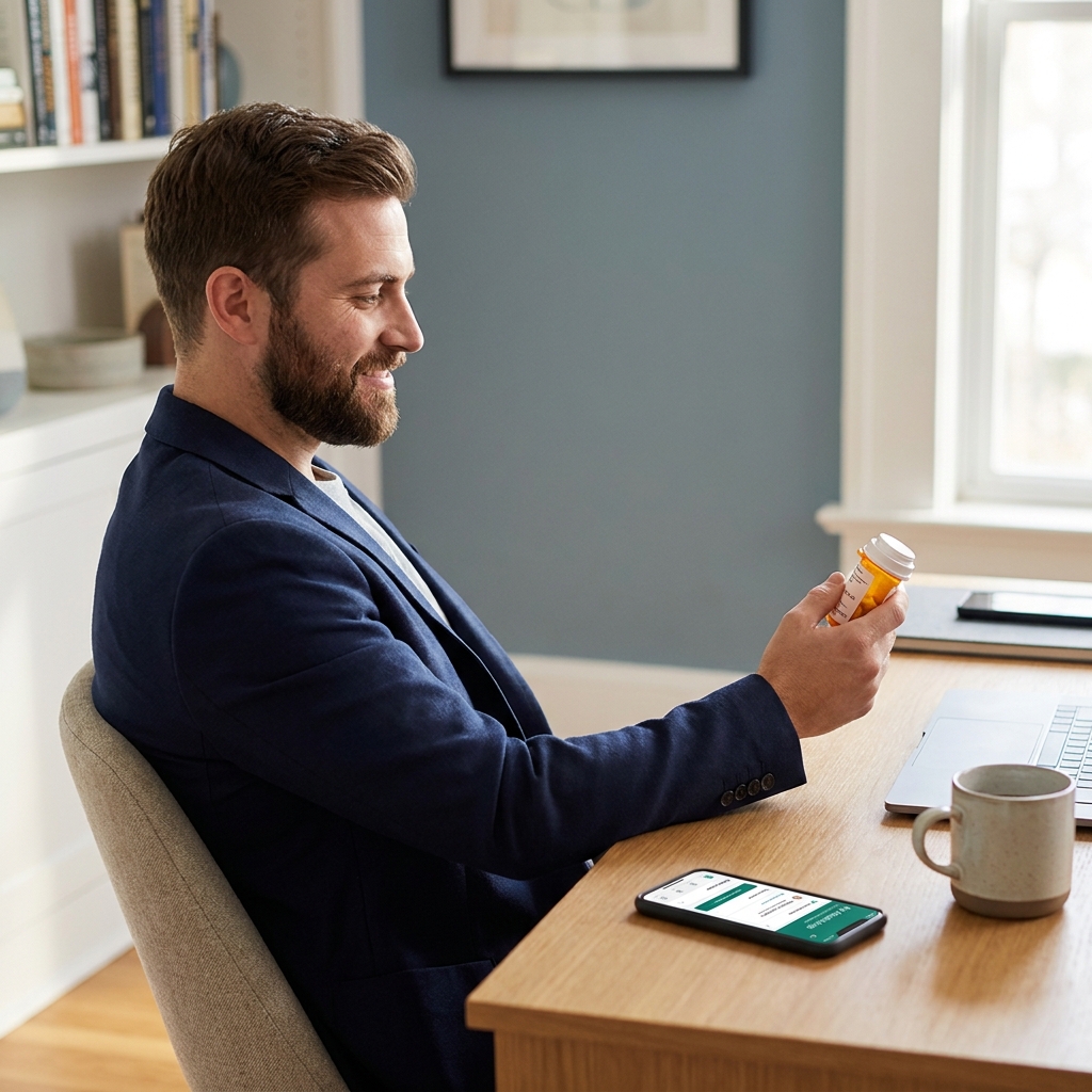 Man confidently receiving a telehealth hair loss prescription from the comfort of his home