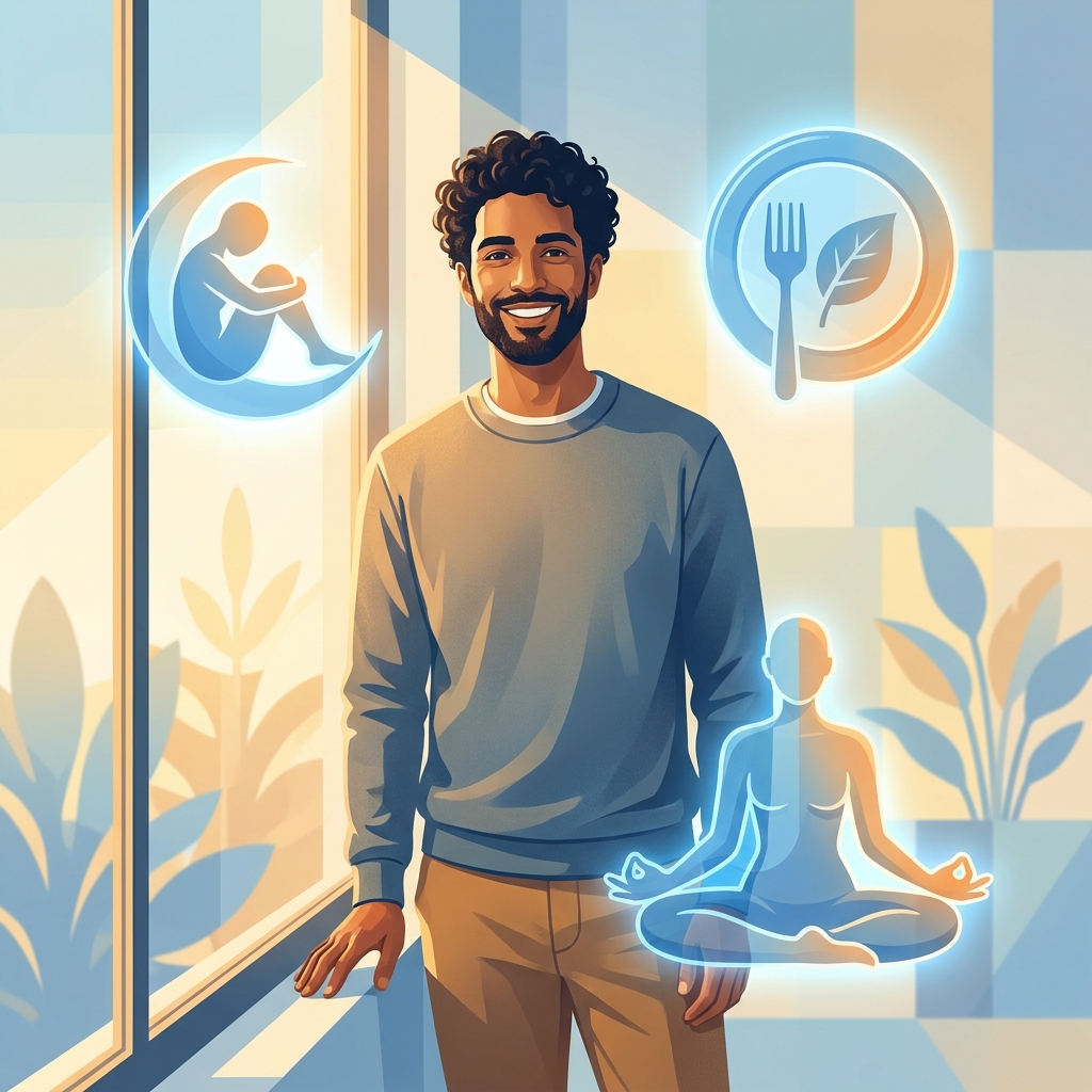 Illustration of a healthy man surrounded by wellness icons representing the men’s wellness hair loss connection Illustration of a healthy man surrounded by wellness icons representing the men's wellness hair loss connection