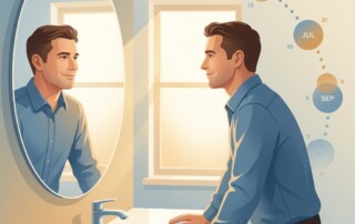 Man confidently checking hair growth progress in mirror, representing hair loss treatment month by month progress