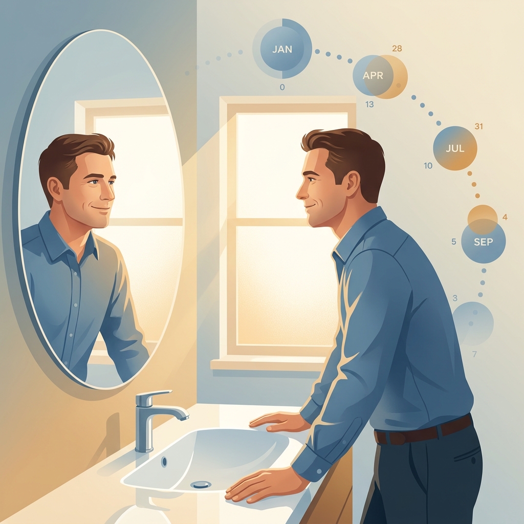 Man confidently checking hair growth progress in mirror, representing hair loss treatment month by month progress Man confidently checking hair growth progress in mirror, representing hair loss treatment month by month progress