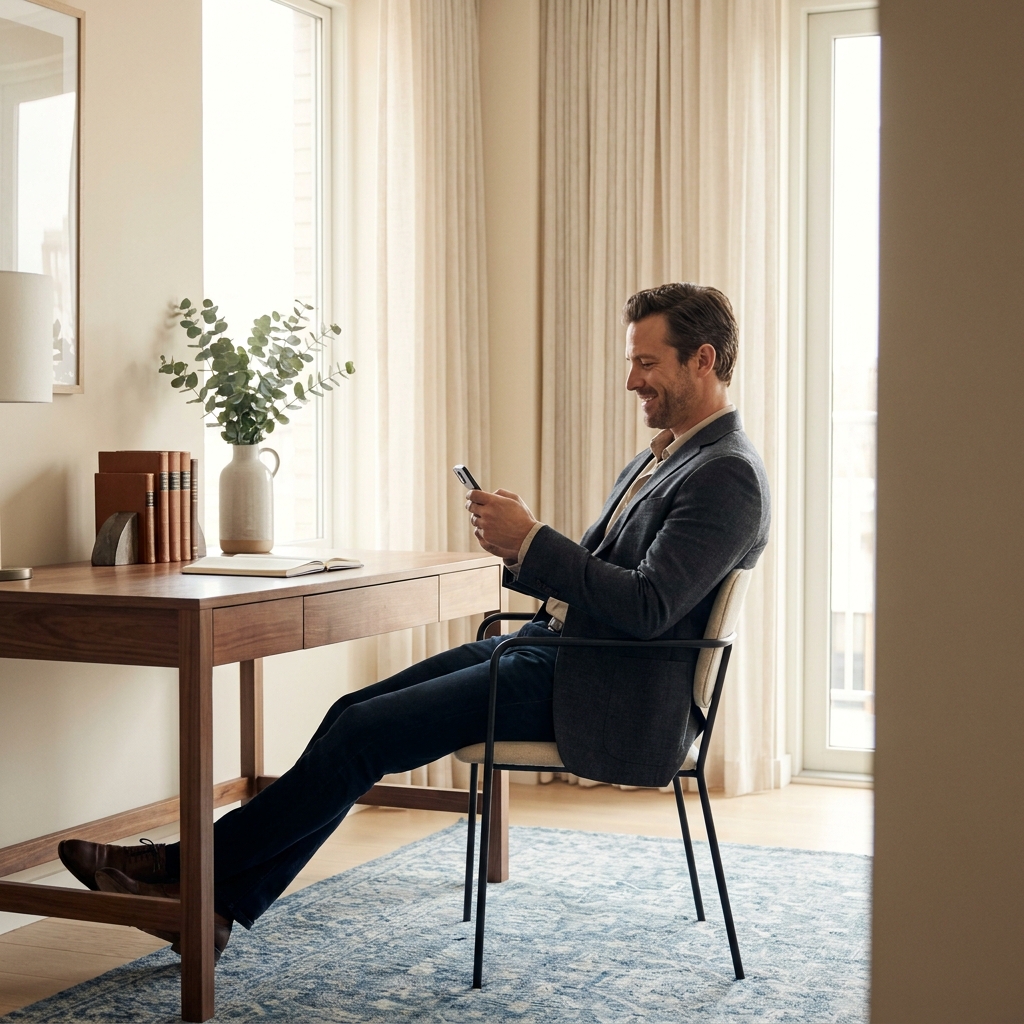Confident professional man managing hair loss treatment for high stress professionals via telehealth from home office Confident professional man managing hair loss treatment for high stress professionals via telehealth from home office