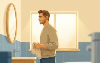 Man confidently examining his hair in mirror beside custom compounded minoxidil dutasteride capsule on countertop