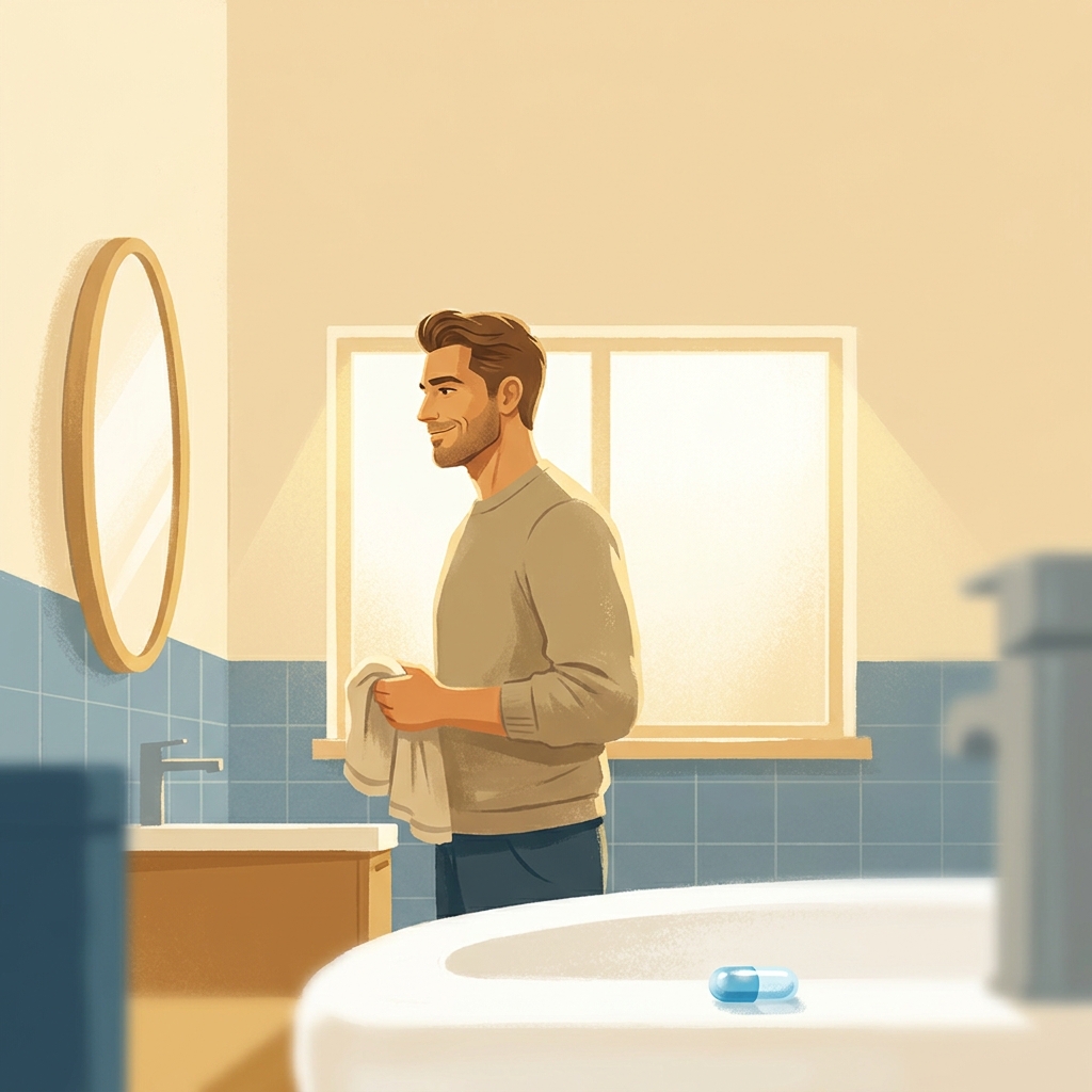 Man confidently examining his hair in mirror beside custom compounded minoxidil dutasteride capsule on countertop Man confidently examining his hair in mirror beside custom compounded minoxidil dutasteride capsule on countertop