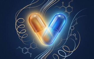 Illustration of two capsules combining, representing minoxidil and dutasteride taken together for hair loss treatment