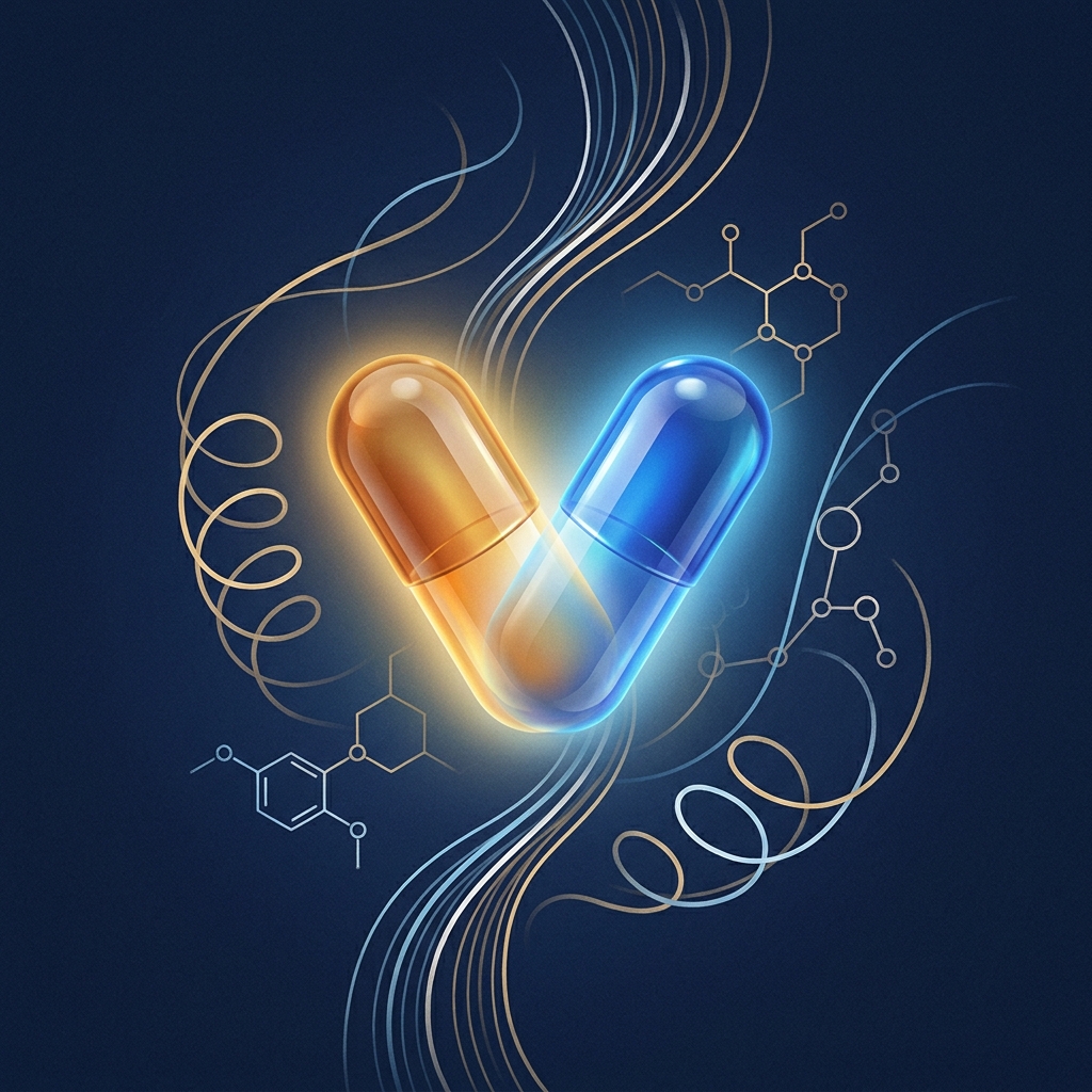 Illustration of two capsules combining, representing minoxidil and dutasteride taken together for hair loss treatment Illustration of two capsules combining, representing minoxidil and dutasteride taken together for hair loss treatment