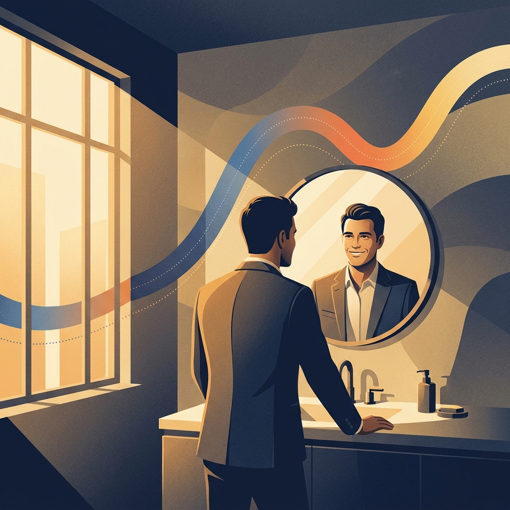 Man confidently viewing hair regrowth progress, representing the dutasteride hair loss results timeline journey Man confidently viewing hair regrowth progress, representing the dutasteride hair loss results timeline journey