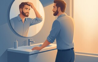 Man examining his hairline in a mirror, representing the norwood scale hair loss explained journey toward understanding and treatment.