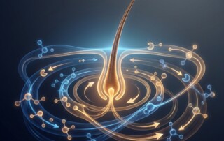 Stylized illustration of DHT enzyme conversion pathways inside a hair follicle for hair loss explanation