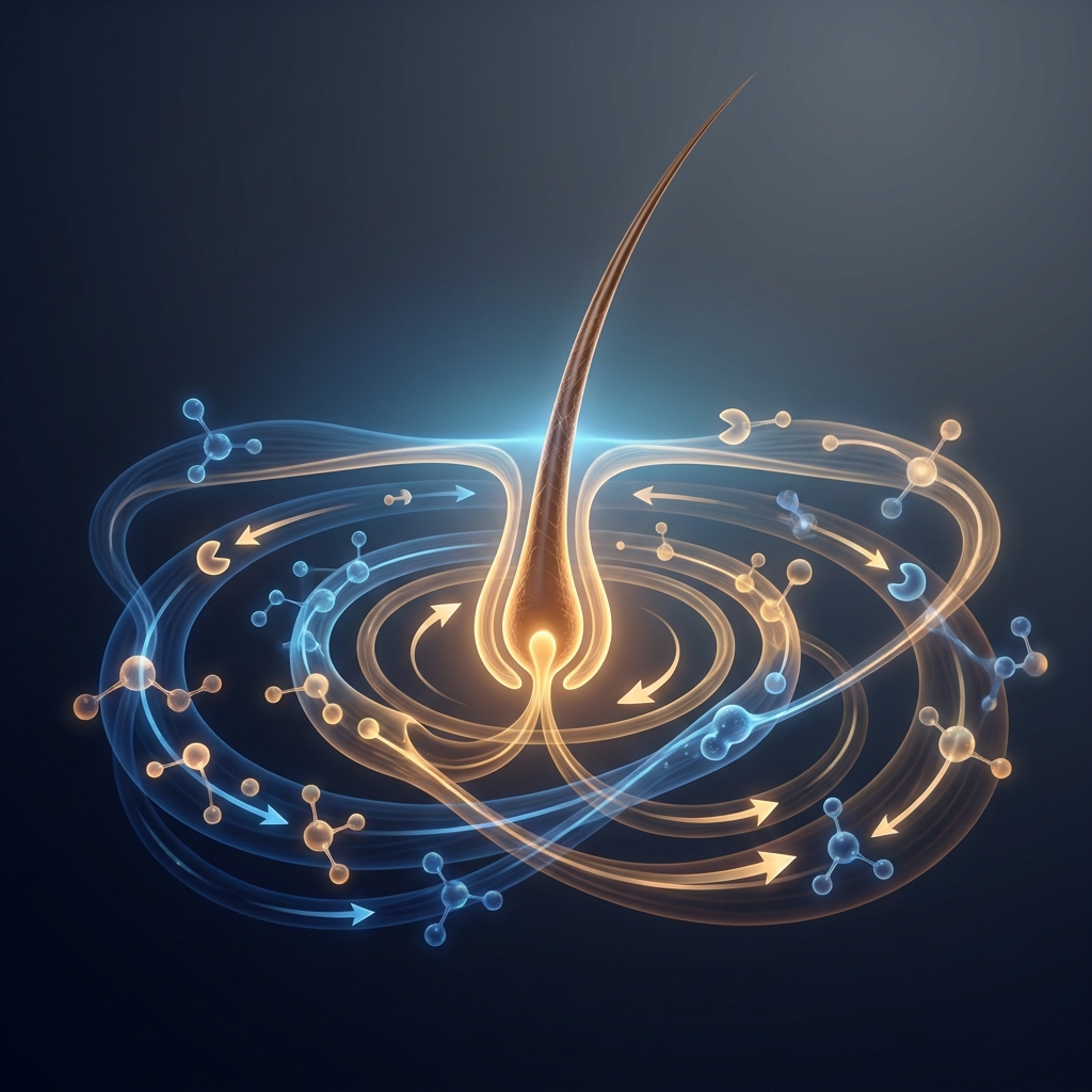 Stylized illustration of DHT enzyme conversion pathways inside a hair follicle for hair loss explanation Stylized illustration of DHT enzyme conversion pathways inside a hair follicle for hair loss explanation