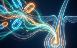 Stylized illustration showing minoxidil mechanism of action for hair via glowing molecular pathways activating a hair follicle