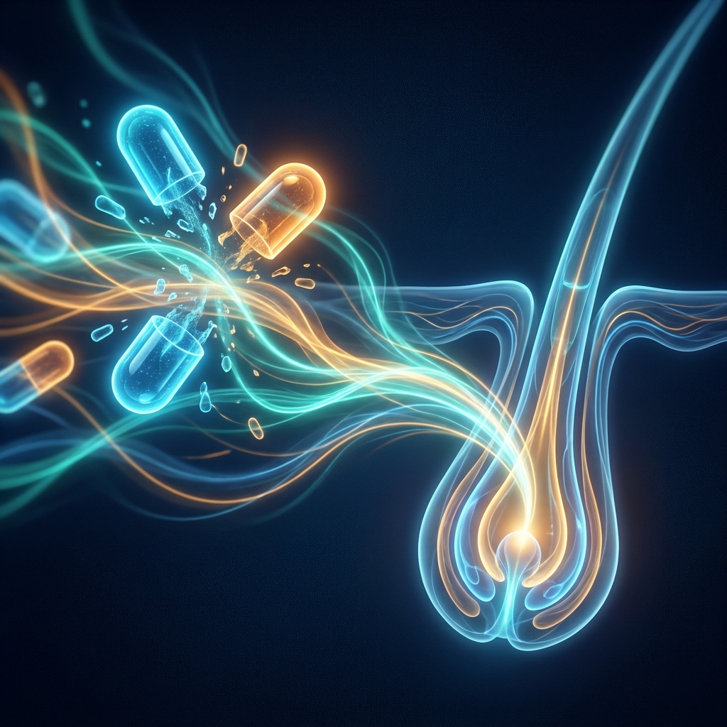 Stylized illustration showing minoxidil mechanism of action for hair via glowing molecular pathways activating a hair follicle Stylized illustration showing minoxidil mechanism of action for hair via glowing molecular pathways activating a hair follicle
