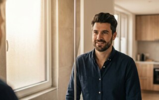 Confident man examining healthy thick hair in mirror, representing visible hair thickness treatment results for men