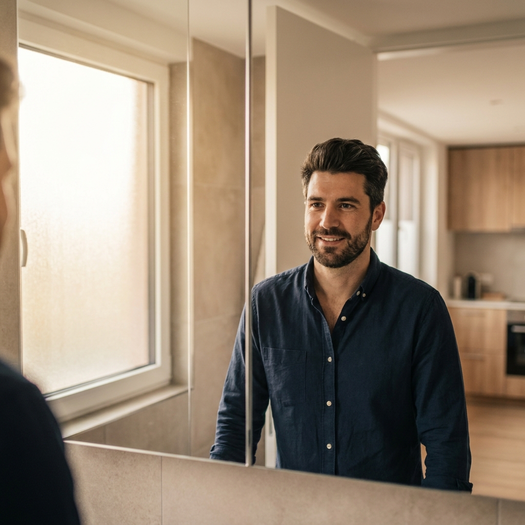 Confident man examining healthy thick hair in mirror, representing visible hair thickness treatment results for men Confident man examining healthy thick hair in mirror, representing visible hair thickness treatment results for men
