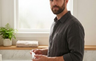 Confident man maintaining his daily hair loss treatment compliance routine in a modern bathroom.